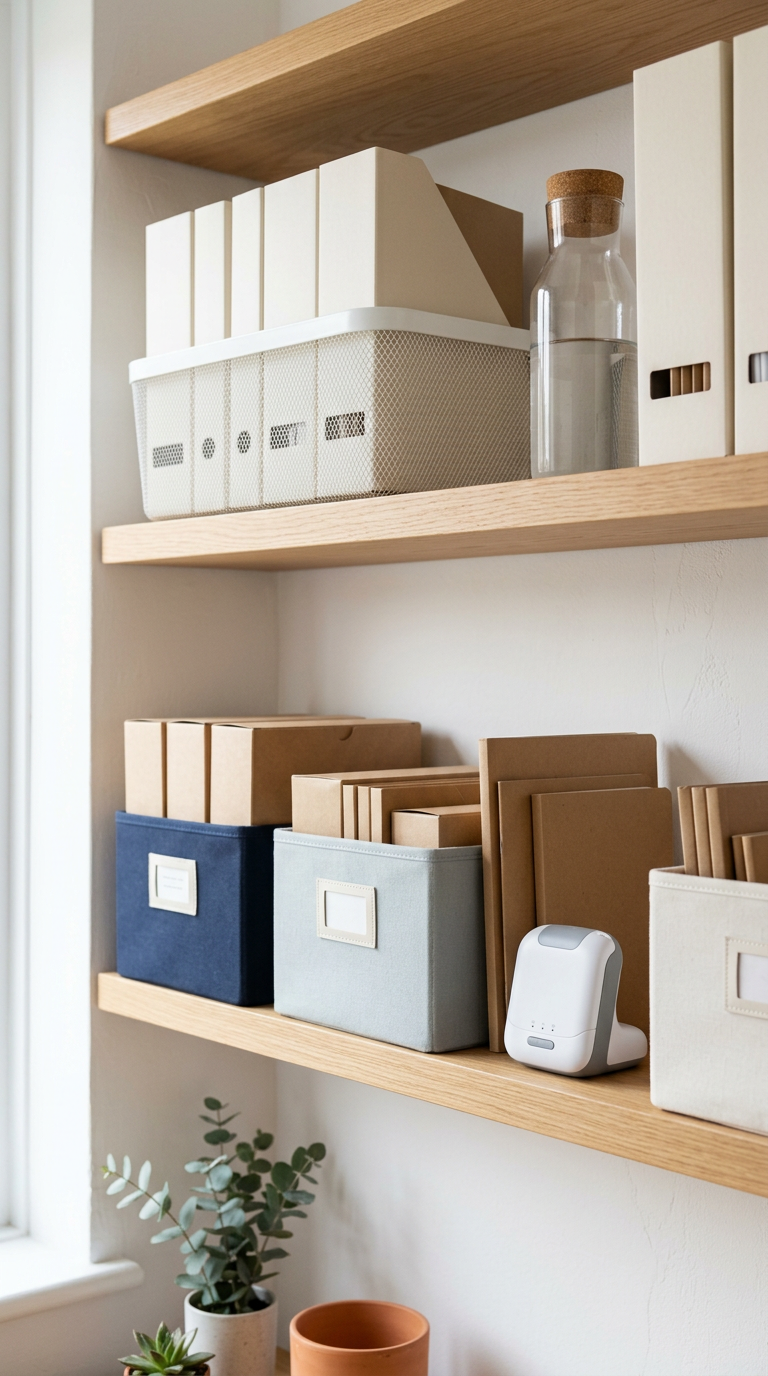 Light wooden shelves holding neatly labelled document boxes, folders and a small white medical device.